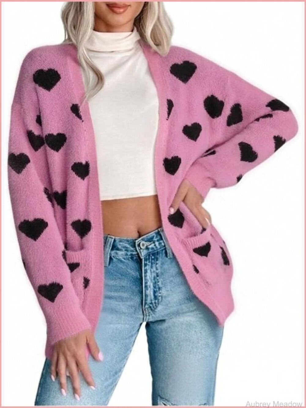 Heart Knit Cardigan Long Sleeve Open Front Sweater with Pockets